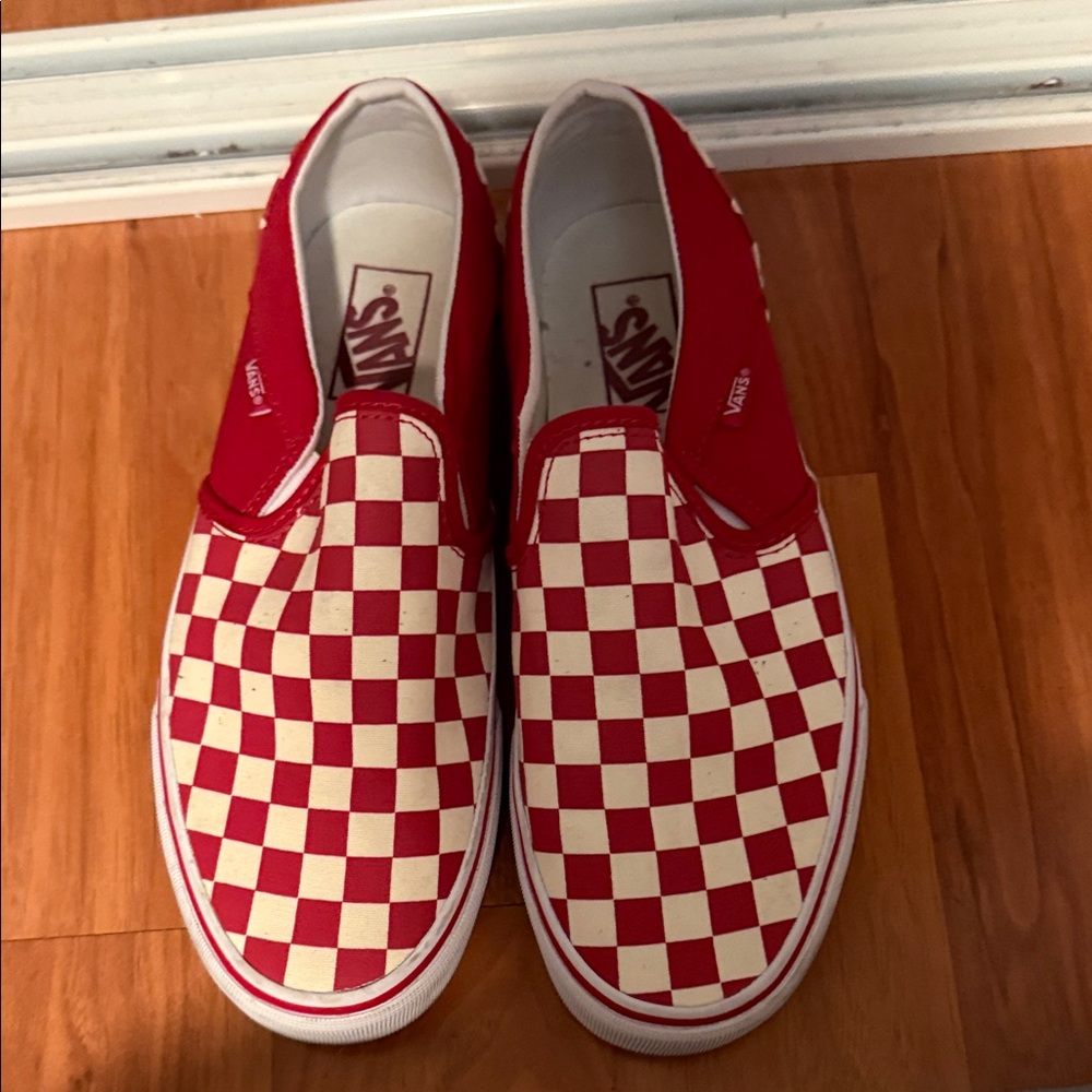 Vans Red and Cream Checkered Slip-Ons